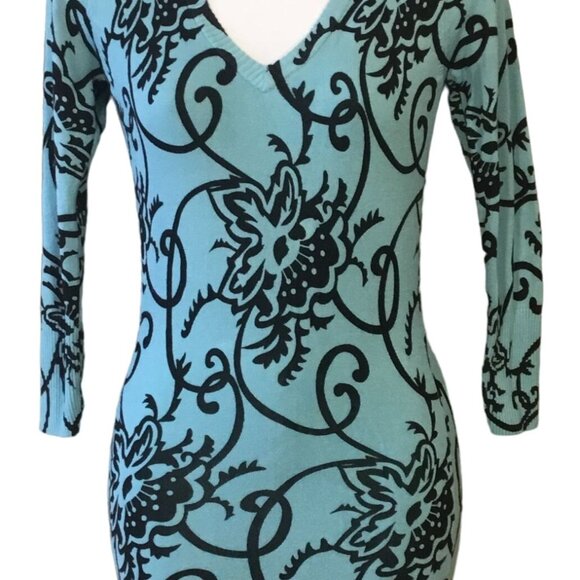 Joyce Leslie 3/4 Sleeve Teal & Black Floral Lace-Up Slim Fit Sweater Dress Jrs L - Picture 1 of 8